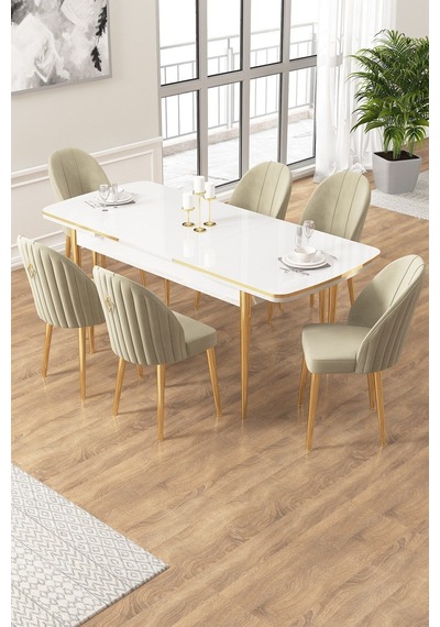Canisa Edaf Serisi 80x132 Açılabilir Beyaz Mutfak Masa Takımı 6 Krem Sandalye Gold Detay Masa Beyaz Sandalye Krem Ayak Gold Canisa Edaf Serisi 80x132 Açılabilir Beyaz Mutfak Masa Takımı 6 Krem Sandalye Gold Detay Masa Beyaz Sandalye Krem Ayak Gold