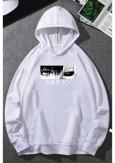 Uyguntarz Unisex Ken Kaneki Baskılı Kapüşonlu Sweatshirt beyaz
