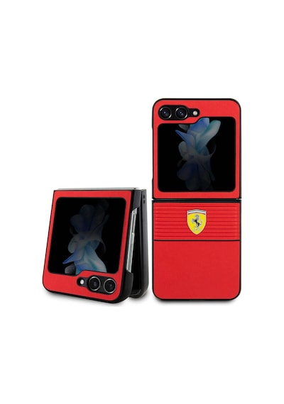 Samsung Uyumlu Galaxy Z Flip 5 Kılıf Ferrari Lisanslı Pu Deri Metal Logolu Multi Çizgili Kapak