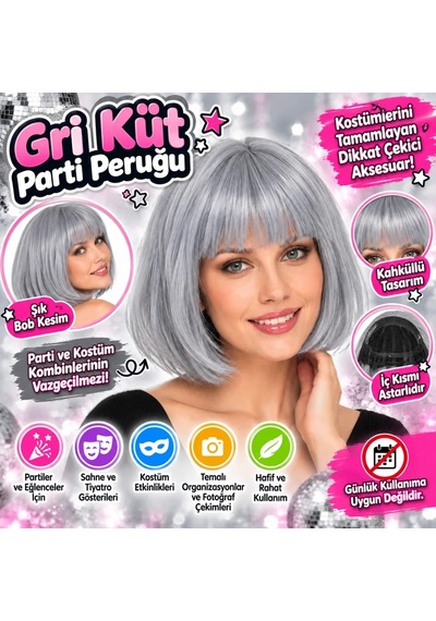 Ers- Gri Küt Parti Peruğu Kahküllü Sentetik Kostüm Peruğu 40332253