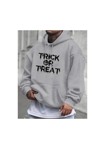 Medinenur Trick Or Treat Baskılı Kapüşonlu Cepli Sweatshirt Gri