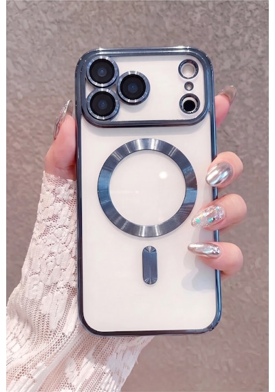Fibaks iPhone 17 Pro Max Uyumlu Kılıf Kamera Lens Korumalı Magsafe Şarj Kilifi Şeffaf Renkli Yumuşak Lacivert