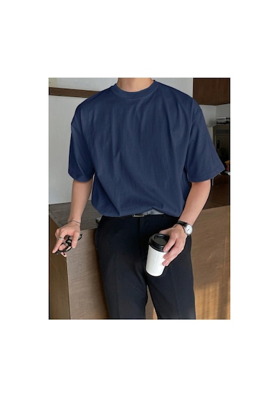 Tarz Cool Erkek Bisiklet Yaka %100 Pamuk T-shirt Lacivert