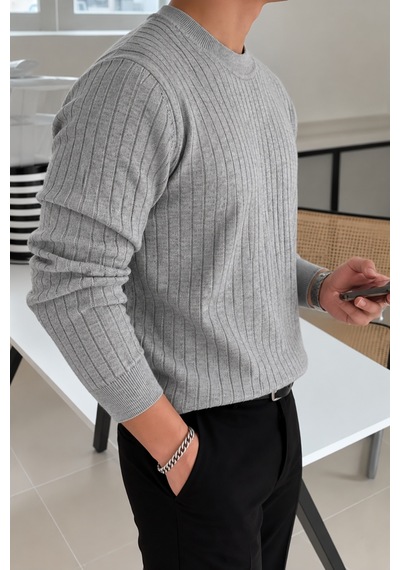 Erkek Bisiklet Yaka Slim Fit Triko Kazak Gri
