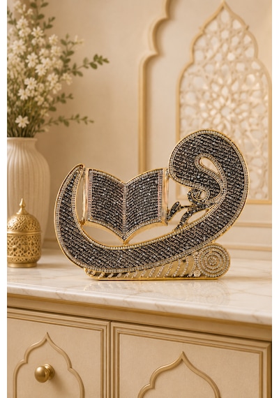 Vav Yasin Kitabe Altın 29x23 Cm Dekoratif İslami Biblo Gold Vav Rahleli Kur An Masa Üstü Biblo 1