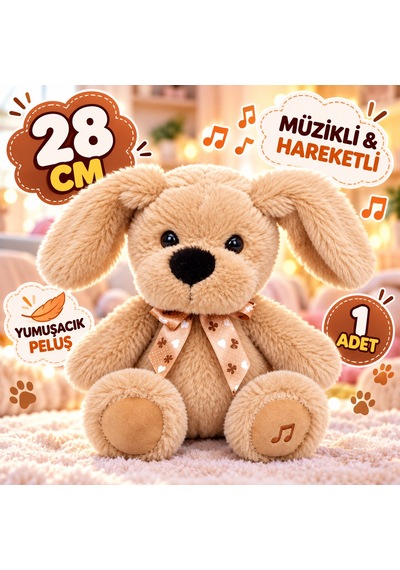 28 Cm Müzikli Hareketli Peluş Köpek Yumuşacık Sevimli Oyun Arkadaşı Kahverengi