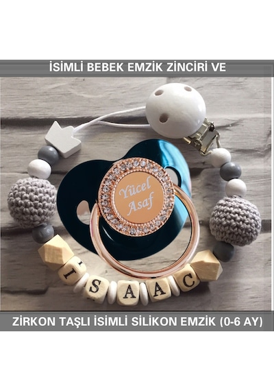 Sahi Aksesuar İsimli Emzik Zinciri Ve İsimli Silikon Emzik 0-6 Ay Bezyı458 Açık Mavi - Petrol Mavisi