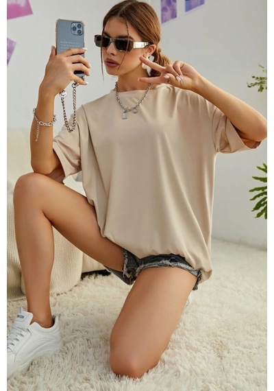 Oversize Unisex Baskısız T-shirt Bej