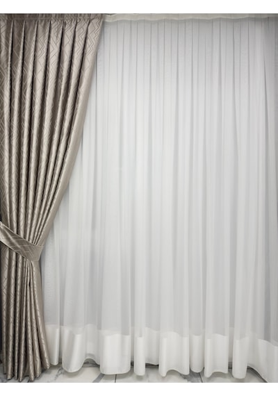 Prizma Desen Gri Çizgili Krem Fon Perde 1/3 Sık Pile Krem