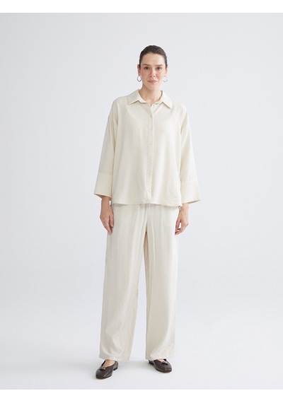 Lcwaıkıkı Classic Bej Dokulu Oversize Kadın Gömlek