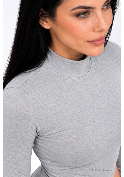 Cottonhıll Premium - Drape Collection Gri Melanj Viskon Balıkçı Yaka Uzun Kollu Çıtçıtlı Kadın Bodysuit