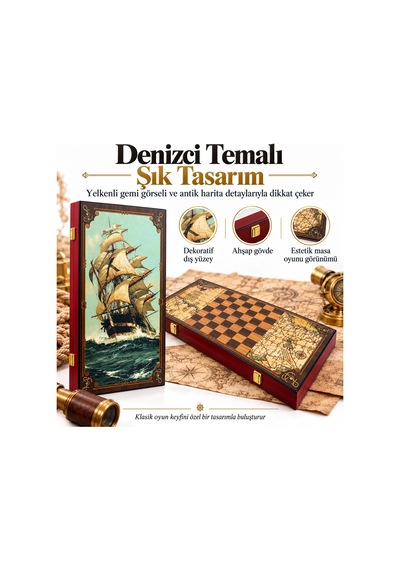 Jumbo Boy Doğal Ahşap Tavla Ve Dama Seti 2'si 1 Arada Denizci Temalı Hediyelik & Dekoratif Set