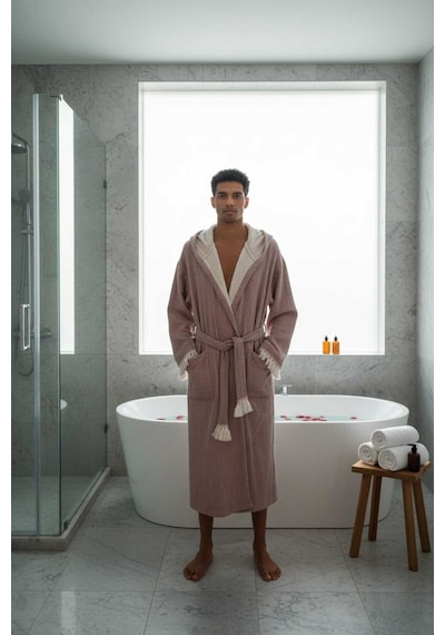 Kapüşonlu , Püsküllü , Yumuşak Dokulu , Unisex , Müslin Kumaş Banyo Ve Plaj Bornozu - Gül Kurusu - S / M Gül Kurusu