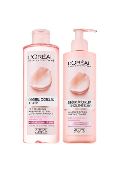 L'Oreal Paris Değerli Çiçekler Kuru ve Hassas Ciltler için Tonik 400 ML + Temizleme Sütü 400 ML