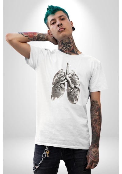 Porselen Akciğer Çiçekler Açmış Unisex Unisex Beyaz Organik Baskılı T-shirt Penye Yüksek Kalite Beyaz