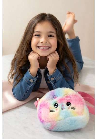 Mollycrush Hediye Kız Çocuk Kedi Figürlü Peluş Omuz Çantası Ayarlanabilir Askılı Trend Tasarım Çok Renkli