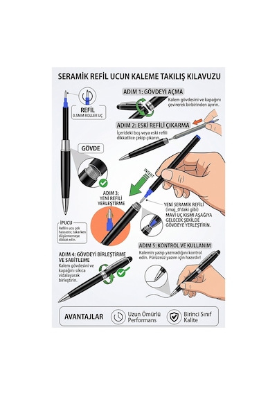 Mavi Pilot Kalem Yedeği Seramik Refil Yedek 3 Adet Jel Pilot Roller Kalem Yedek Uç