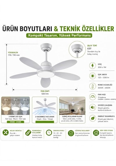 Led Ampullü Tavan Vantilatörü - Uzaktan Kumandalı 3 Renk Tonu Seçimli - Kademe Ve Zaman Ayarlı - E27 Duy Led Ampullü Tavan Vantilatörü - Uzaktan Kumandalı 3 Renk Tonu Seçimli - Kademe Ve Zaman Ayarlı - E27 Duy