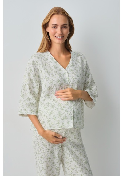 Suwen Cindy Pamuklu Hamile Lohusa Gömlek Yaka Pijama Takımı Wsh10510183338 Ekru Desenli