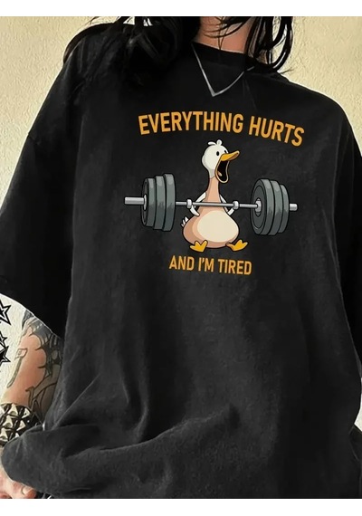 Kadın T-shirt Ördek Baskılı Bisiklet Yakalı Kısa Kol Tişört - Siyah