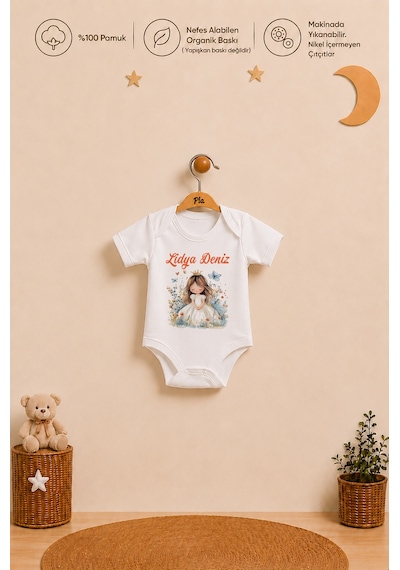 Pia Baby İsme Özel Kız Bebek Hediyesi 2'li %100 Pamuk Organik Baskılı Çıtçıtlı Body Zıbın Ve Ham Bez Kıyafet Kesesi 1078b2k0x Ekru
