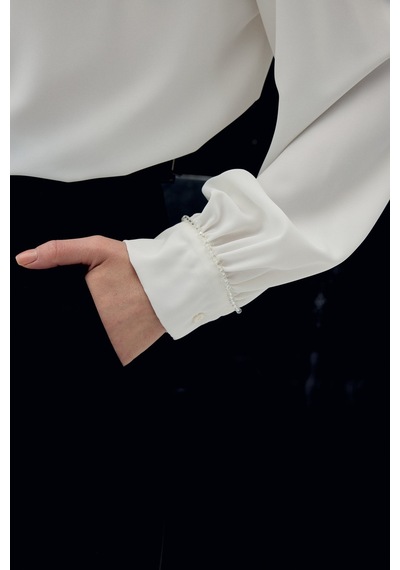 Sateen Aksesuar Detaylı Fularlı Bluz - Ekru-137041 Ekru