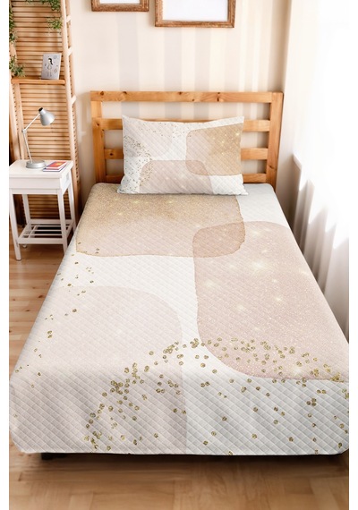 Modern Bej Geometrik Tek Kişilik Pike Takımı - Pudra Altın Simli 160x220 Cm Kapitone Yatak Örtüsü Narin Kervan Aurası