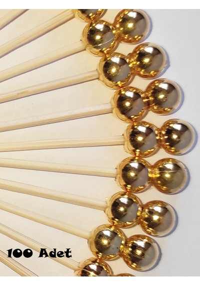 100 Adet Dekoratif Gold Çift İncili Kokteyl Kürdan 6 cm - İnci 8 mm