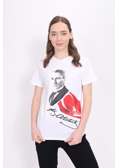 Toontoy Unisex Atatürk Baskılı Tişört 23093 Beyaz
