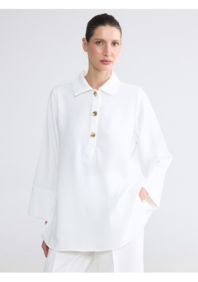 Lcw Everyday Beyaz Polo Yaka Oversize Armürlü Kadın Tunik