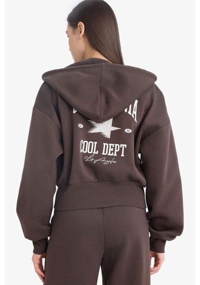 Defacto Coool Oversize Geniş Kalıp Kapüşonlu Sırt Baskılı Fermuarlı Sweatshirt E9583ax25wnbn258 Kahve