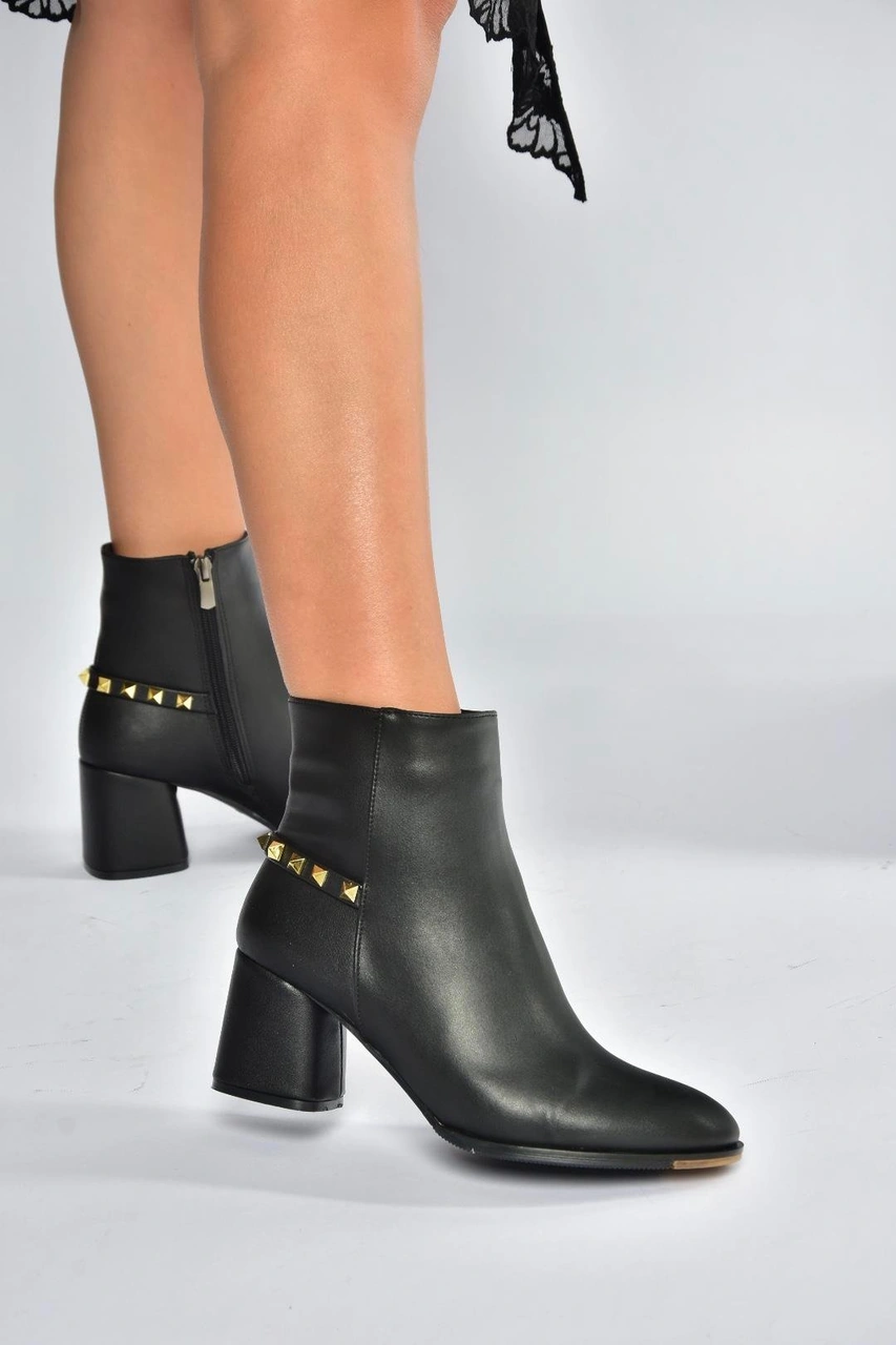 Fox Shoes V848241409 Siyah Kalın Topuklu Kadın Bot Siyah-Suni Deri