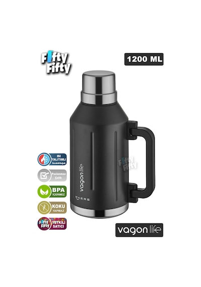 Vagonlife 1.2 Litre Bardaklı Kullanım Kulplu Paslanmaz Çelik Termos-ffvgn1004-1200ml Siyah