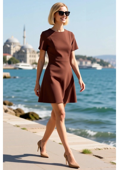 Benerly Kadın Mini Esnek Dokuma Elbise Kısa Kol Bisiklet Yaka Belden Açıl Kahverengi Benerly Kadın Mini Esnek Dokuma Elbise Kısa Kol Bisiklet Yaka Belden Açıl Kahverengi