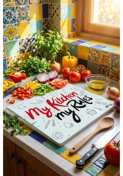 Makri Home My Kitchen My Rules Yazılı Desenli Cam Kesme Tahtası Temperli Cam, 25 35 Cm Çok Renkli