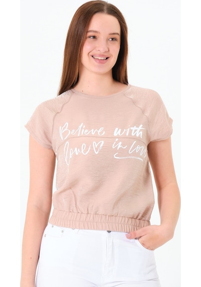 Sortie Collection Reglan Kollu Yazı Baskılı Beli Lastikli Bluz Bej