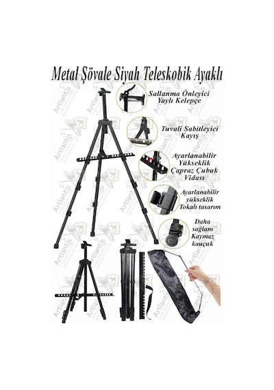 Metal Şövale 1 Adet Siyah Teleskopik Ayaklı Çantalı Resim Şövale Portatif Ayarlanabilir Tripod Üç Ayaklı Alümünyum