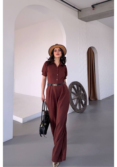 Neşeli Butik Kadın Gömlek Yaka Kemerli Geniş Paça Tulum Nbk4197 Kahverengi