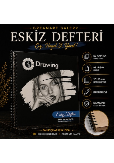 Dreamartgalery Eskiz Defteri 20x20 Cm 50 Yaprak Bej Kağıt Spiralli Sert Kapak