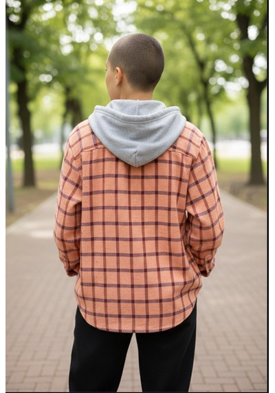 Gala Kolu Lastkli Kapüşonlu Çizgili Unisex Çocuk Gömlek Hardal