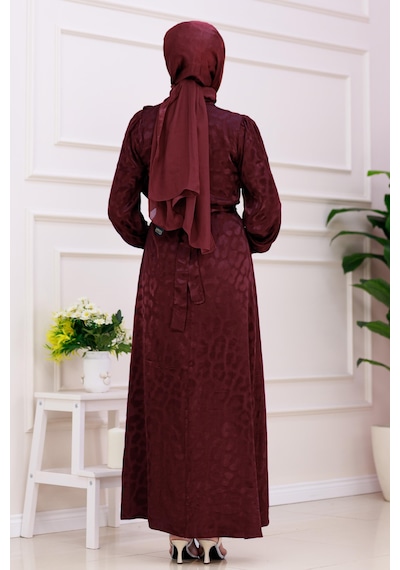 Kat Detaylı Eflan Saten Abiye-bordo-4835 Bordo