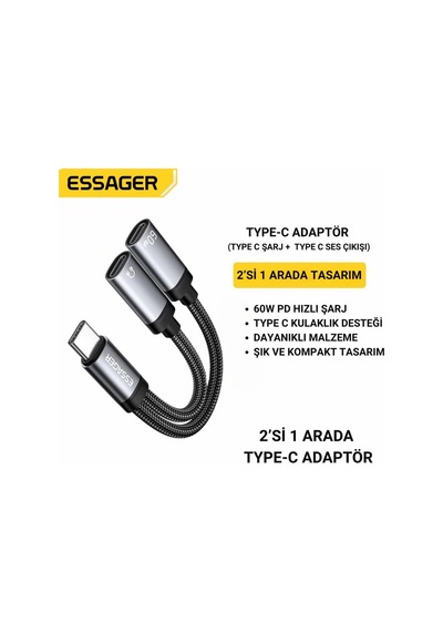Essager 60w Şarj 2in1 Type-c To Type-c Dönüştürücü Çevirici Çoklayıcı Hızlı Şarj Type-c Kulaklık Çıkışı, Hifi Ses Ve Hızlı Şarj Adaptörü
