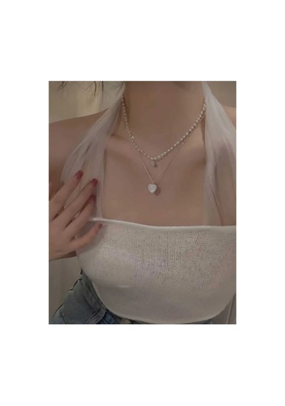 Lunarie Çift Sıra Katmanlı İnci Kalp Sarkıtlı 14k Gold Kolye Beyaz