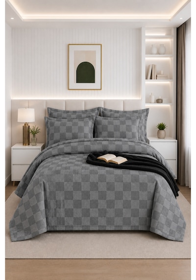 Liva Çift Kişilik Pike Takımı Yatak Örtüsü 2 Yastık Kılıfı Dokulu Pike Seti 220x240 Cm Gri