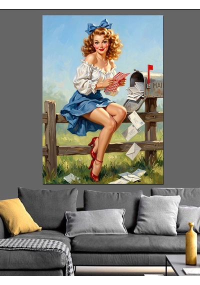 Mektup Okuyan Pin-up Kız Dekoratif Kanvas - Mdf Ahşap Tablo