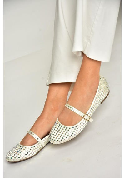 Fox Shoes U726634504 Bej Kumaş Taş Detaylı Kadın Babet Bej-kumaş