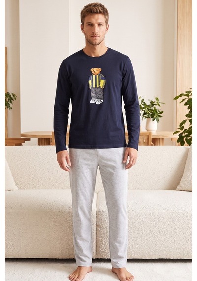 Siyah İnci Baskılı Pamuklu Örme Uzun Kollu Pijama Takım 8076 Lacivert