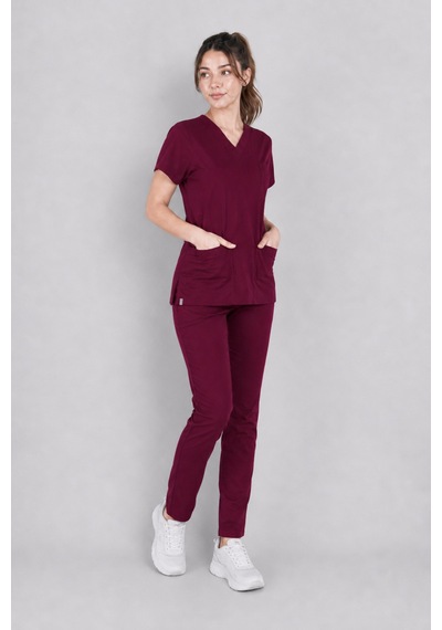 Üniforma Bordo Hemşire Ve Doktor Forması Scrubs Takımı Likralı Alt Üst Üniforma Unisex Yarasa Kol