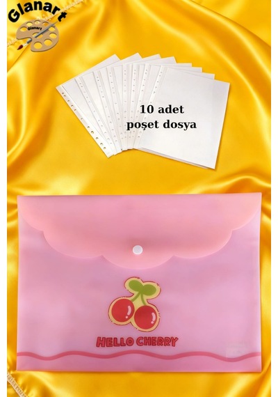 A4 Boy Çıt Çıt Ödev Dosyası +10' Lu Poşet Dosya Pastel Renkler Pembe Kiraz Desen