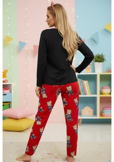 Siyah İnci Kadin Ekose Merry Christmas Baskılı Yılbaşı Temalı Örme Pijama Takım 7970 Kırmızı Ayıcık
